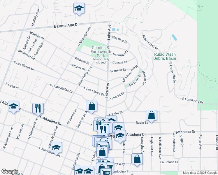 map of restaurants, bars, coffee shops, grocery stores, and more near 911 Alta Vista Drive in Altadena