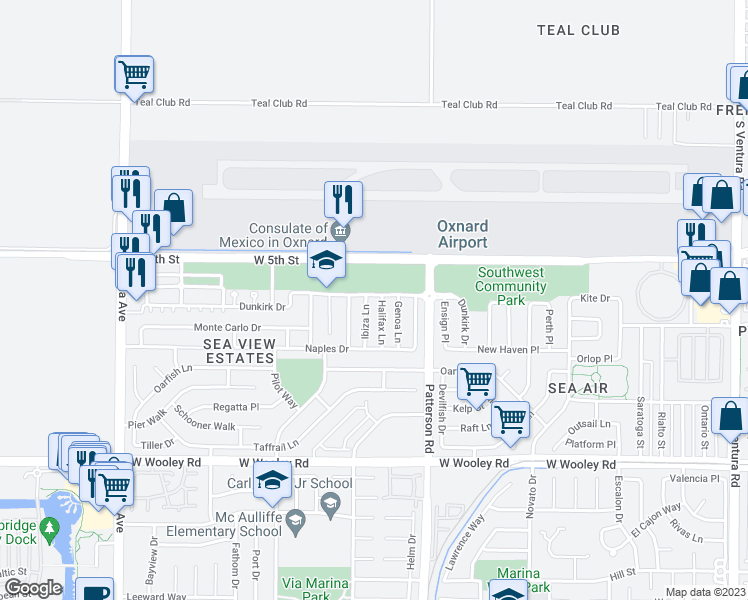 map of restaurants, bars, coffee shops, grocery stores, and more near 2922 Dunkirk Drive in Oxnard