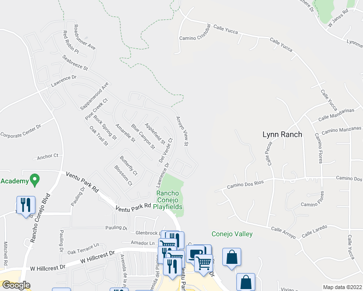 map of restaurants, bars, coffee shops, grocery stores, and more near 1251 Arroyo View Street in Thousand Oaks