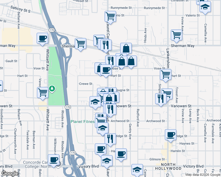map of restaurants, bars, coffee shops, grocery stores, and more near 6900 Laurel Canyon Boulevard in Los Angeles