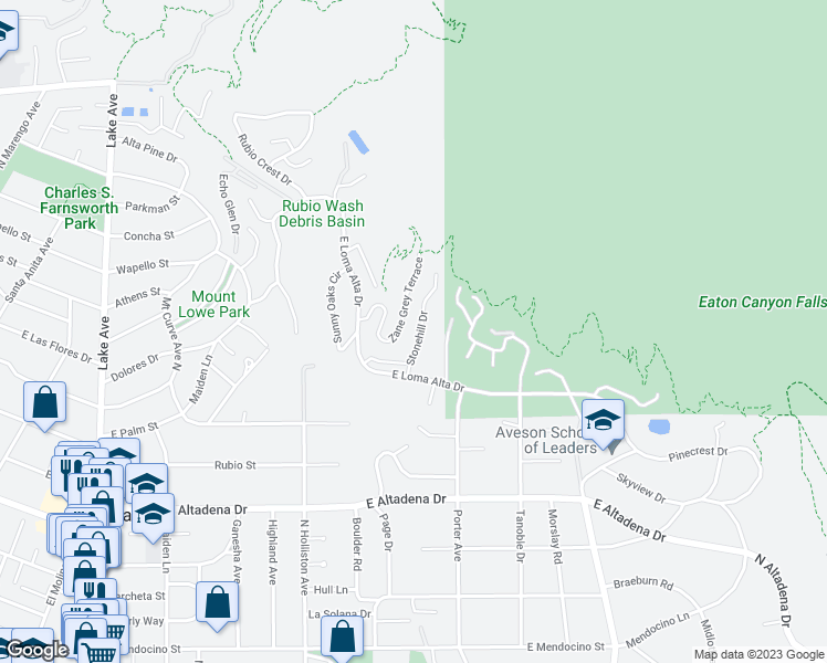 map of restaurants, bars, coffee shops, grocery stores, and more near 2879 Stonehill Drive in Altadena