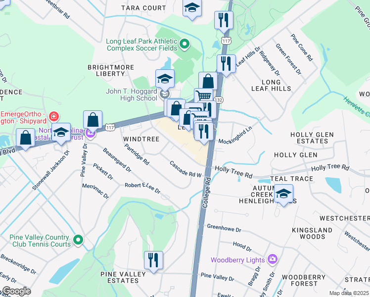 map of restaurants, bars, coffee shops, grocery stores, and more near 4517 Holly Tree Road in Wilmington