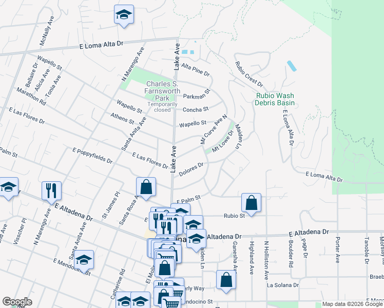 map of restaurants, bars, coffee shops, grocery stores, and more near 972 Alta Vista Drive in Altadena