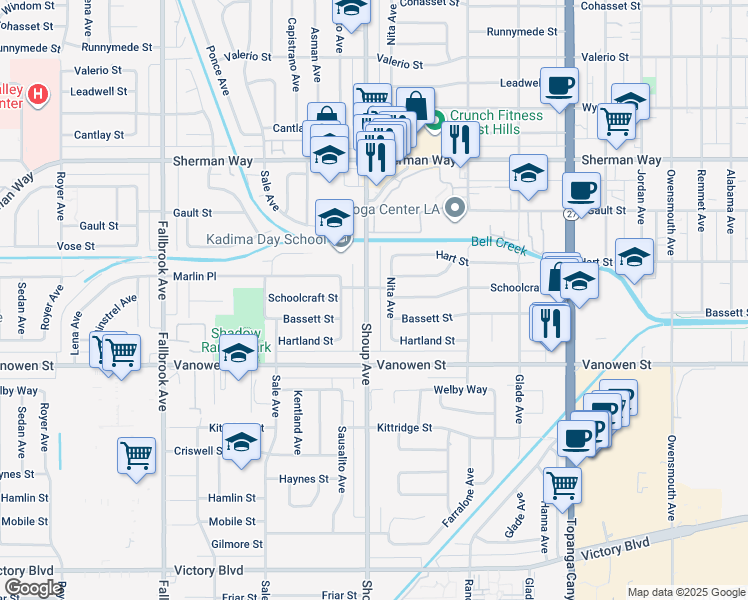 map of restaurants, bars, coffee shops, grocery stores, and more near 6924 Shoup Avenue in Los Angeles