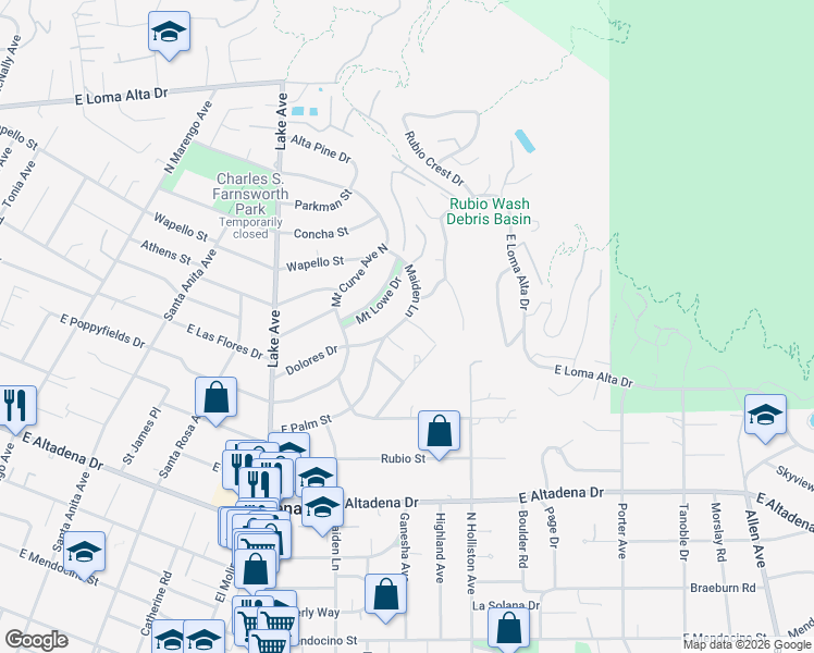 map of restaurants, bars, coffee shops, grocery stores, and more near 1206 Sagemont Place in Altadena