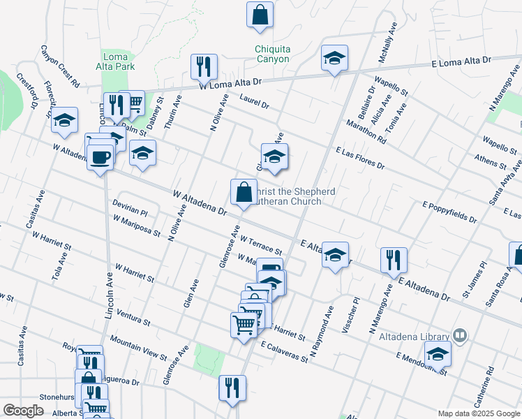 map of restaurants, bars, coffee shops, grocery stores, and more near 118 West Pine Street in Altadena
