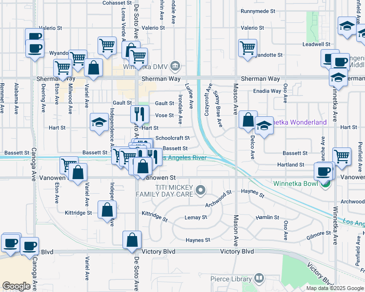 map of restaurants, bars, coffee shops, grocery stores, and more near 20711 Bassett Street in Los Angeles