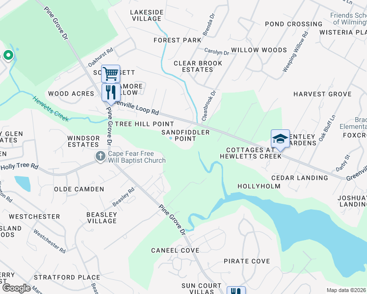 map of restaurants, bars, coffee shops, grocery stores, and more near 619 Sandfiddler Pointe Road in Wilmington