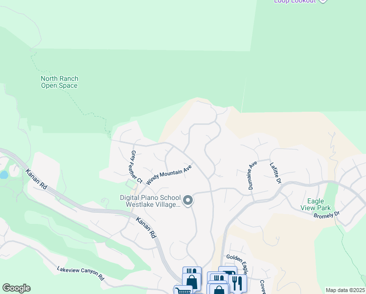 map of restaurants, bars, coffee shops, grocery stores, and more near 1800 Falling Star Avenue in Westlake Village