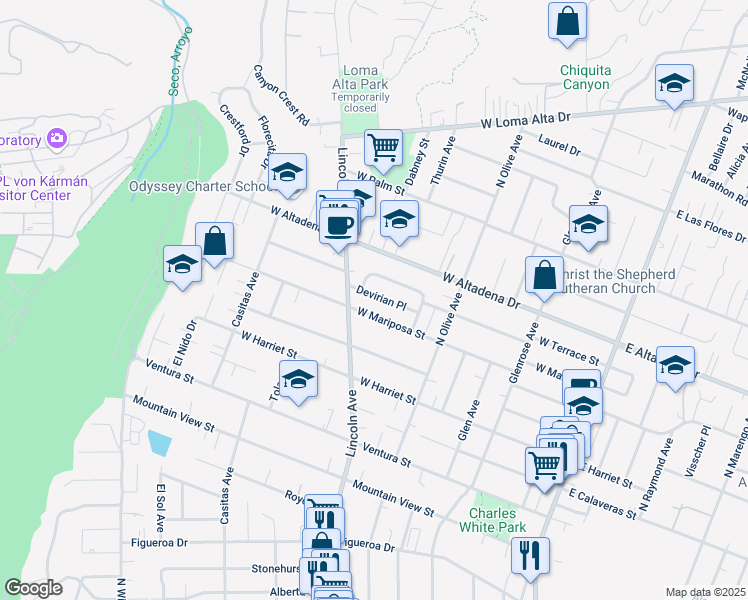 map of restaurants, bars, coffee shops, grocery stores, and more near 494 Devirian Place in Altadena
