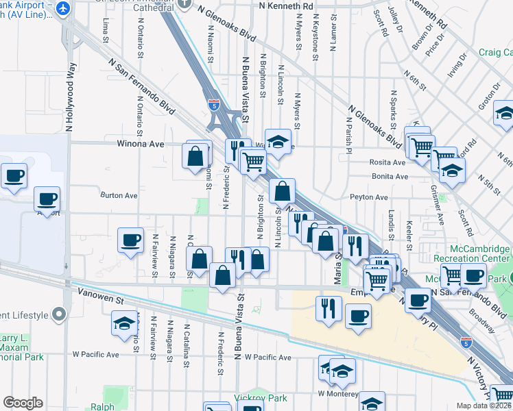 map of restaurants, bars, coffee shops, grocery stores, and more near 2200 North Brighton Street in Burbank