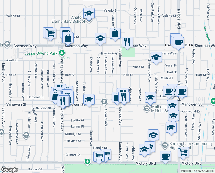 map of restaurants, bars, coffee shops, grocery stores, and more near 6914 Andasol Avenue in Los Angeles