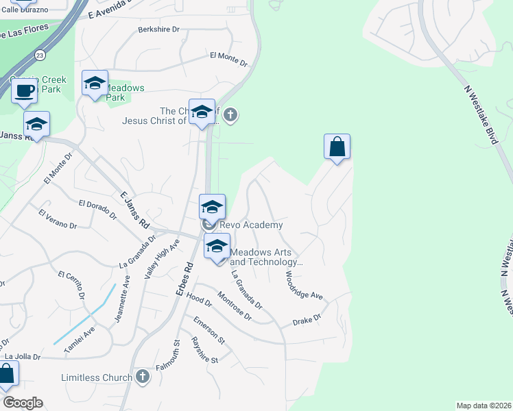 map of restaurants, bars, coffee shops, grocery stores, and more near 1405 Lamont Avenue in Thousand Oaks