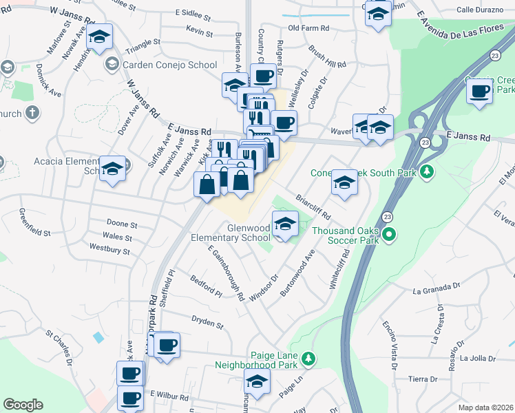 map of restaurants, bars, coffee shops, grocery stores, and more near 509 Gladstone Drive in Thousand Oaks