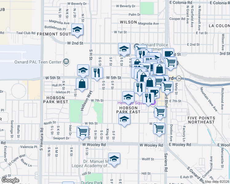 map of restaurants, bars, coffee shops, grocery stores, and more near 641 South E Street in Oxnard