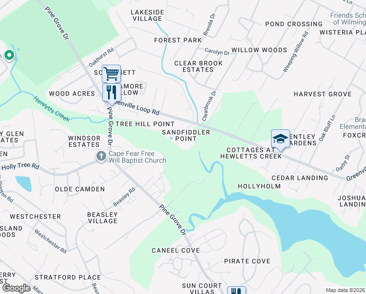 map of restaurants, bars, coffee shops, grocery stores, and more near 619 Sandfiddler Point in Wilmington