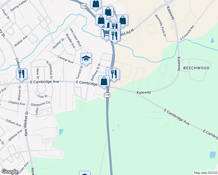 map of restaurants, bars, coffee shops, grocery stores, and more near 1320 Cambridge Rd in Greenwood