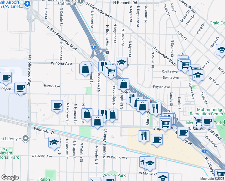 map of restaurants, bars, coffee shops, grocery stores, and more near 2215 North Brighton Street in Burbank