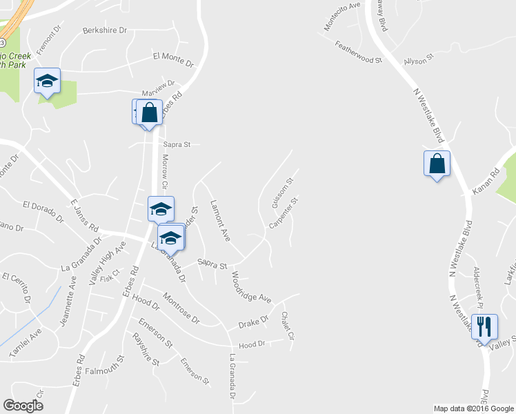 map of restaurants, bars, coffee shops, grocery stores, and more near Sapra Street in Thousand Oaks