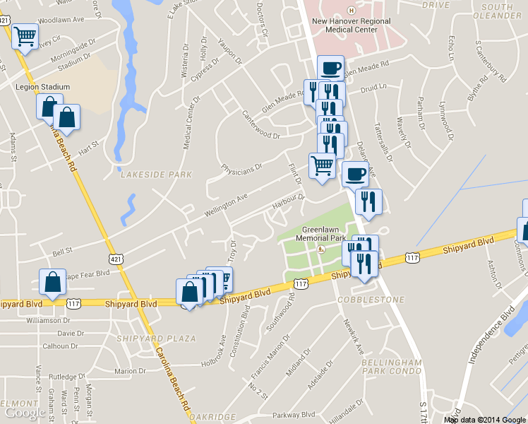 map of restaurants, bars, coffee shops, grocery stores, and more near 1232 Harbour Drive in Wilmington