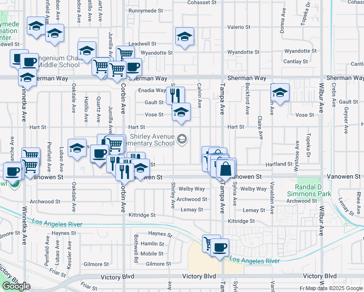 map of restaurants, bars, coffee shops, grocery stores, and more near 19452 Hart Street in Los Angeles