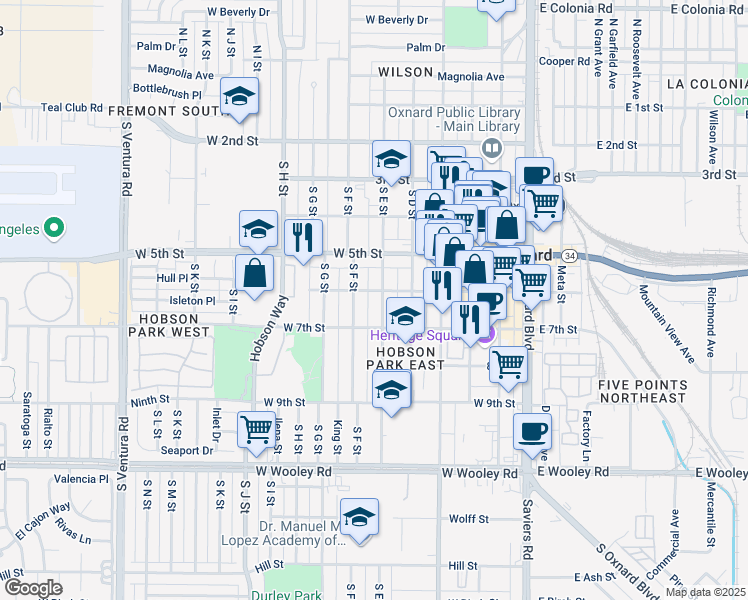 map of restaurants, bars, coffee shops, grocery stores, and more near 641 South E Street in Oxnard