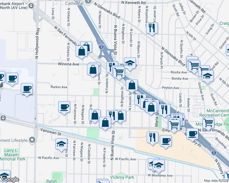 map of restaurants, bars, coffee shops, grocery stores, and more near 2215 N Buena Vista St in Burbank