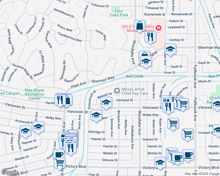 map of restaurants, bars, coffee shops, grocery stores, and more near 23330 Schoolcraft Street in Los Angeles