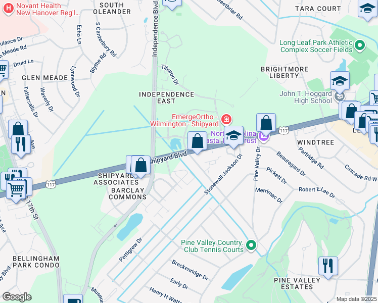 map of restaurants, bars, coffee shops, grocery stores, and more near 107 Longstreet Drive in Wilmington
