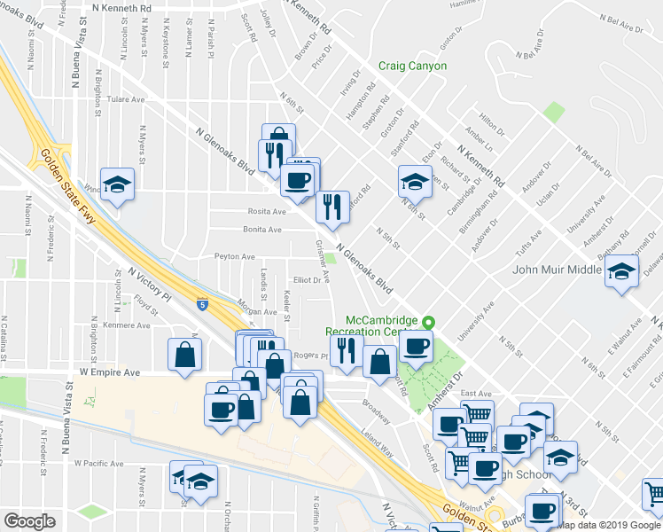 map of restaurants, bars, coffee shops, grocery stores, and more near 1827 Grismer Avenue in Burbank