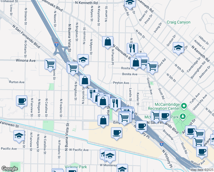 map of restaurants, bars, coffee shops, grocery stores, and more near 1930 North Parish Place in Burbank