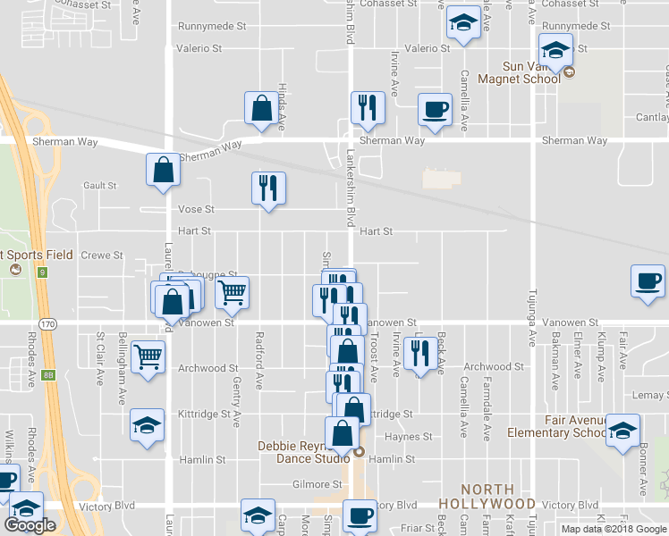map of restaurants, bars, coffee shops, grocery stores, and more near 6847 Simpson Avenue in Los Angeles