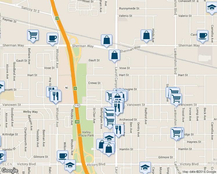 map of restaurants, bars, coffee shops, grocery stores, and more near 6853 Vantage Avenue in Los Angeles