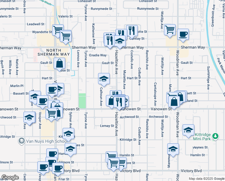 map of restaurants, bars, coffee shops, grocery stores, and more near 6853 Hazeltine Avenue in Los Angeles