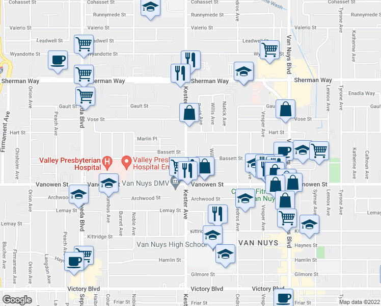 map of restaurants, bars, coffee shops, grocery stores, and more near 6849 Bevis Avenue in Los Angeles