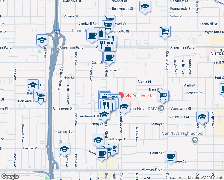 map of restaurants, bars, coffee shops, grocery stores, and more near 6850 Sepulveda Boulevard in Los Angeles