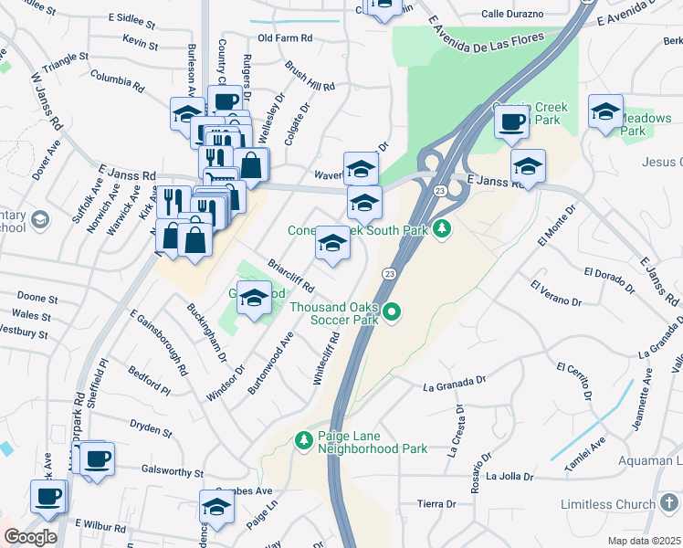 map of restaurants, bars, coffee shops, grocery stores, and more near 1291 Whitecliff Road in Thousand Oaks
