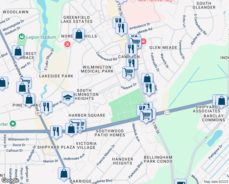 map of restaurants, bars, coffee shops, grocery stores, and more near 1416 Harbour Drive in Wilmington
