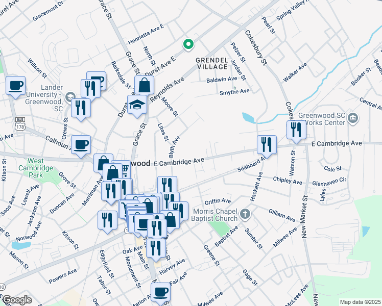 map of restaurants, bars, coffee shops, grocery stores, and more near 302 East Cambridge Avenue in Greenwood