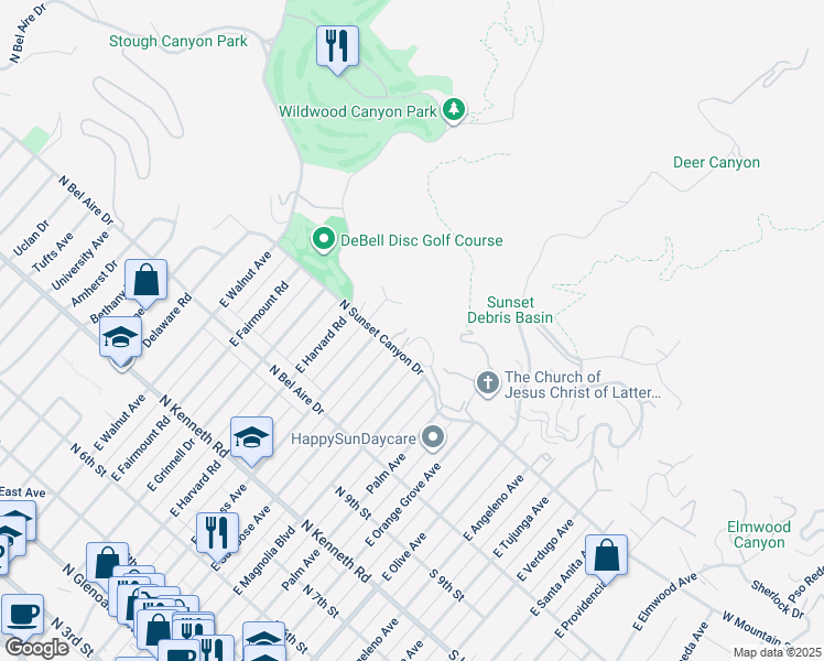 map of restaurants, bars, coffee shops, grocery stores, and more near 500 North Sunset Canyon Drive in Burbank