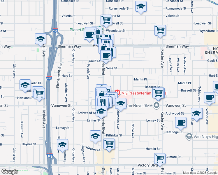 map of restaurants, bars, coffee shops, grocery stores, and more near 6920 Sepulveda Boulevard in Los Angeles