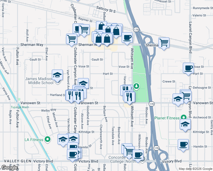 map of restaurants, bars, coffee shops, grocery stores, and more near 6910 Bellaire Avenue in Los Angeles