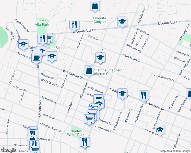 map of restaurants, bars, coffee shops, grocery stores, and more near 118 West Pine Street in Altadena