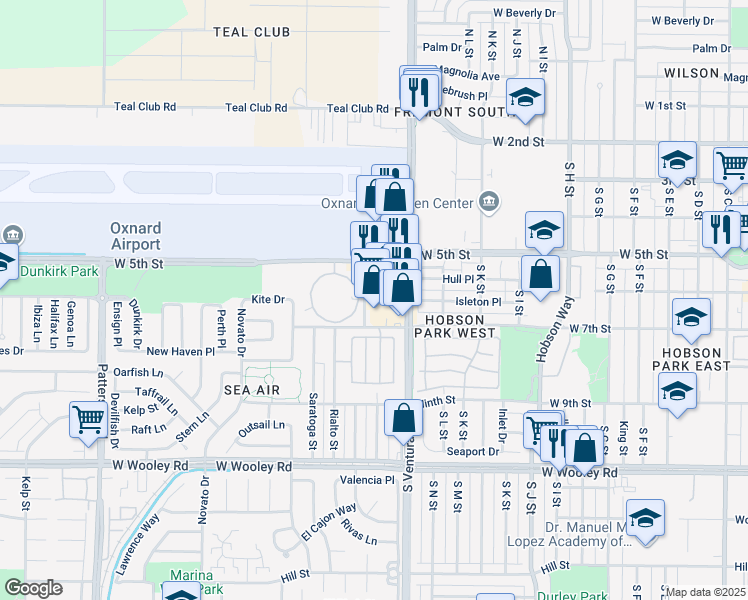 map of restaurants, bars, coffee shops, grocery stores, and more near 649 South Ventura Road in Oxnard