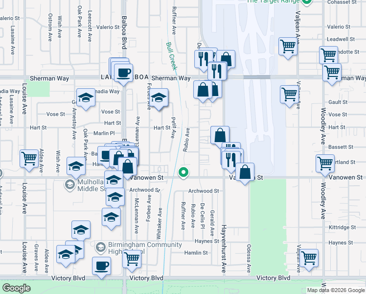 map of restaurants, bars, coffee shops, grocery stores, and more near 6913 Rubio Avenue in Los Angeles