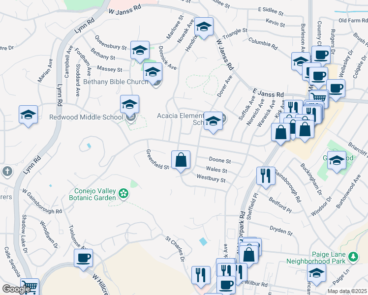 map of restaurants, bars, coffee shops, grocery stores, and more near 134 West Gainsborough Road in Thousand Oaks