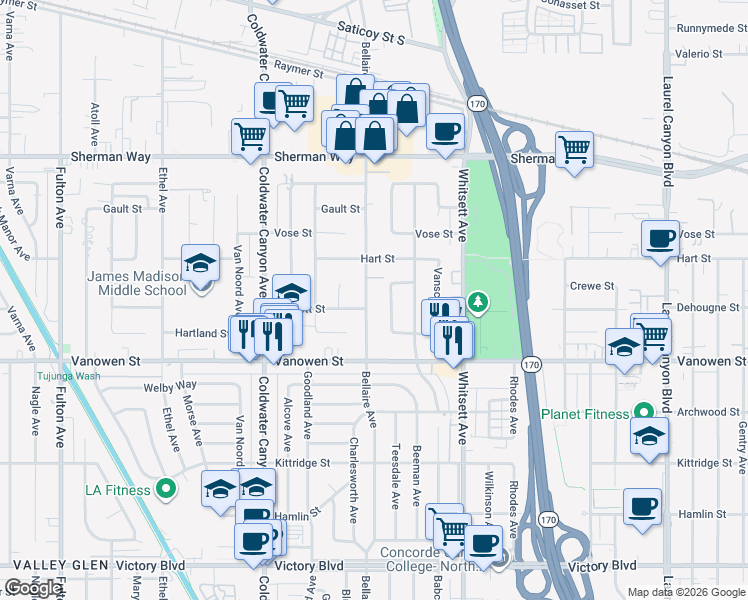 map of restaurants, bars, coffee shops, grocery stores, and more near 6910 Bellaire Avenue in Los Angeles