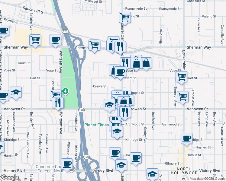 map of restaurants, bars, coffee shops, grocery stores, and more near 6904 Vantage Avenue in Los Angeles