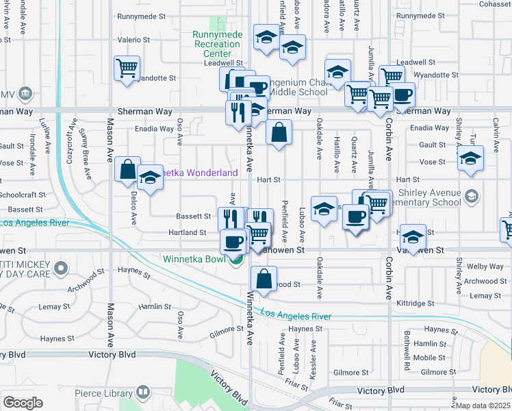 map of restaurants, bars, coffee shops, grocery stores, and more near 6916 Winnetka Avenue in Los Angeles