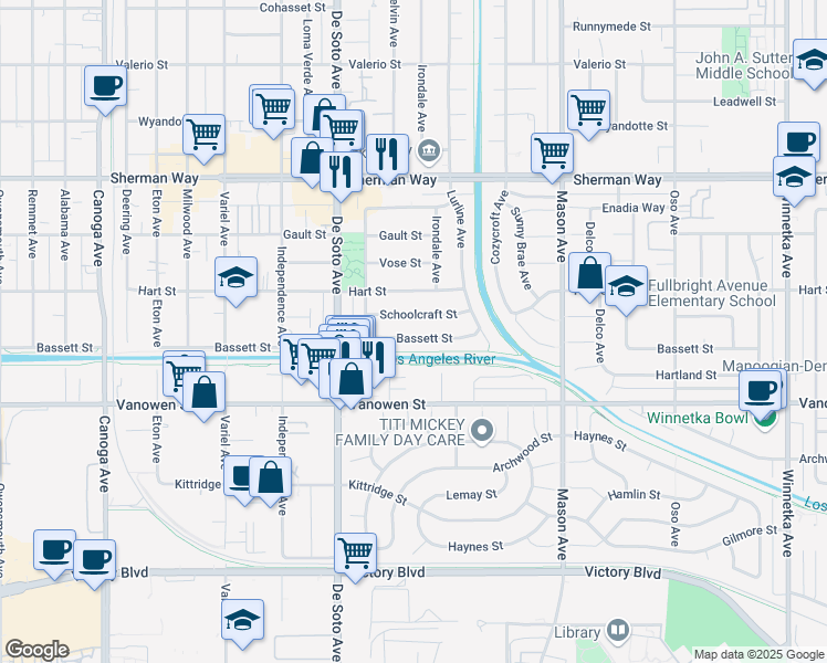 map of restaurants, bars, coffee shops, grocery stores, and more near 20743 Bassett Street in Los Angeles